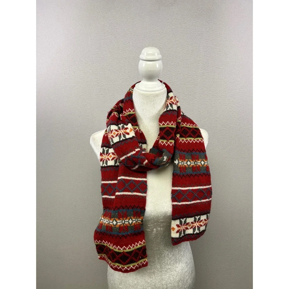 Fair Isle‎ Nordic Joe Boxer Women Red Knit Geometric Snowflake Winter Scarf